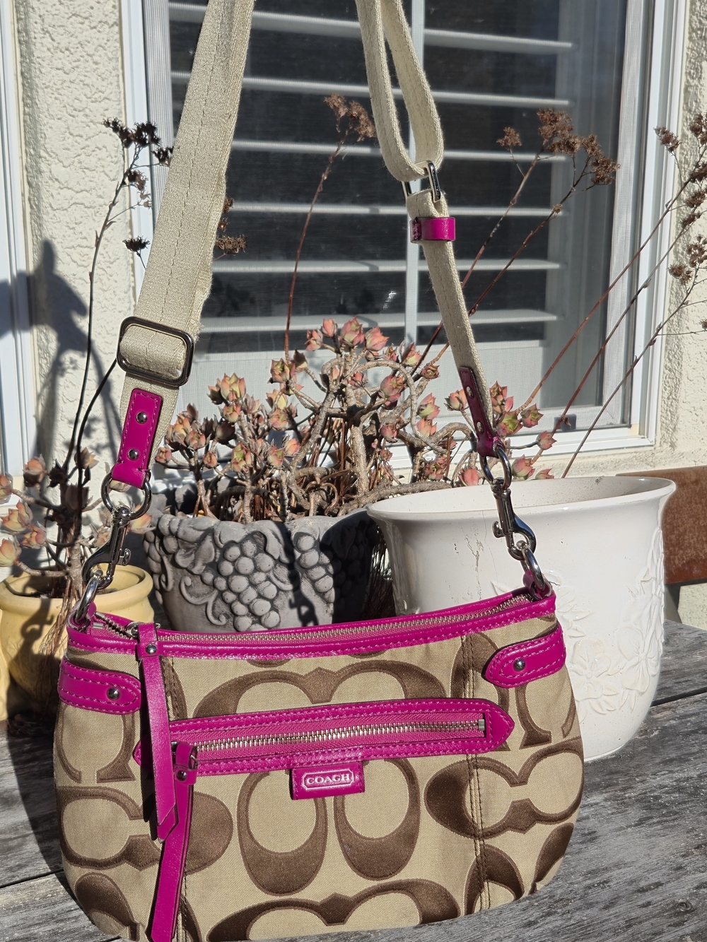 Coach Signature Canvas Crossbody Bag in Khaki and Hot Pink